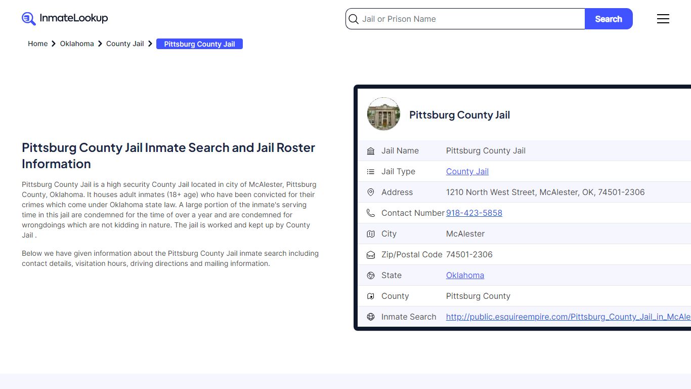 Pittsburg County Jail (OK) Inmate Search Oklahoma - Inmate Lookup